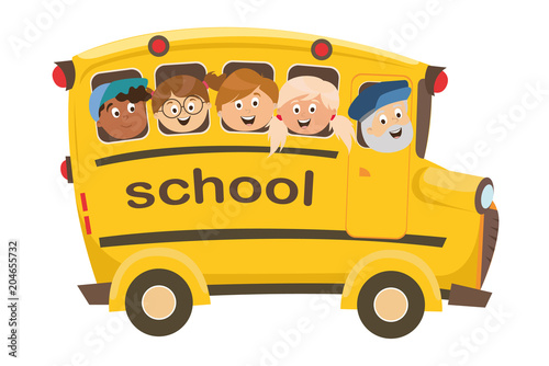 children's characters. the school bus takes students on an excursion. classes. vector