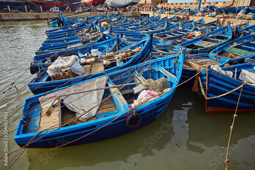 Moroccan blue fishing boats in a row in the port of Essaouira photo