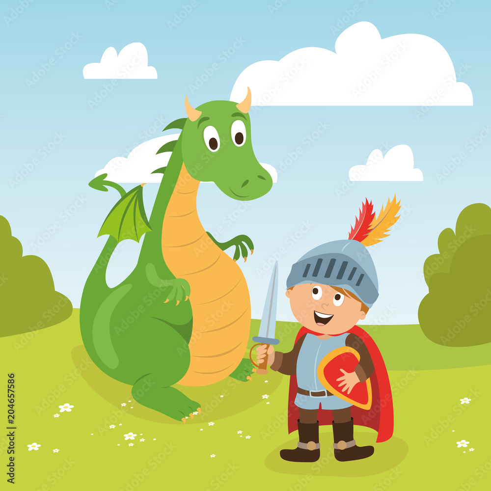 Naklejka premium children's character. the brave knight and dragon vector