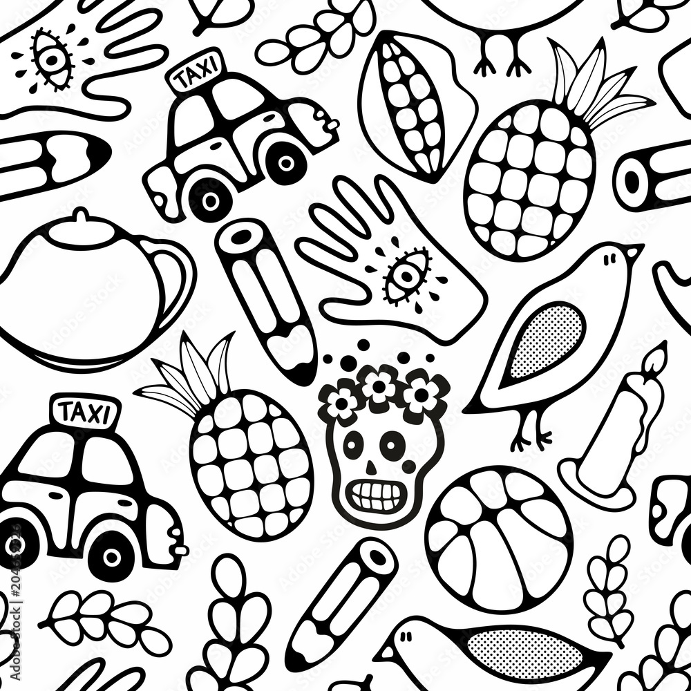 Black and white seamless illustration for coloring book. Stock Vector