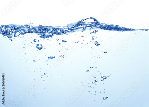 clean blue water with splash and air bubbles on white background