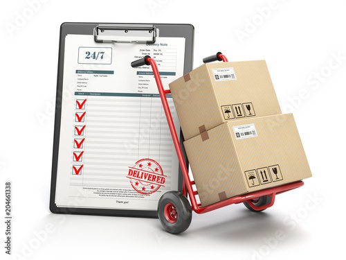 Delivery service concept. Hand truck with parcel carton cardboard boxes and  clipboard with receipt form isolated on white. photo