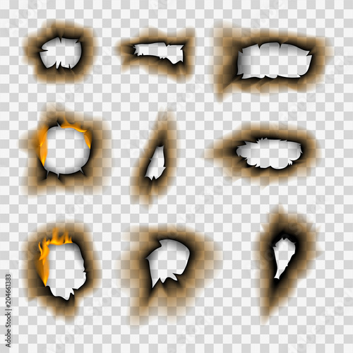 Burnt piece burned faded paper hole realistic fire flame isolated page sheet torn ash vector illustration