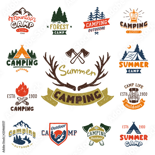 Set of vintage woods camp badges and travel logo hand drawn emblems nature mountain camp outdoor vector illustration.