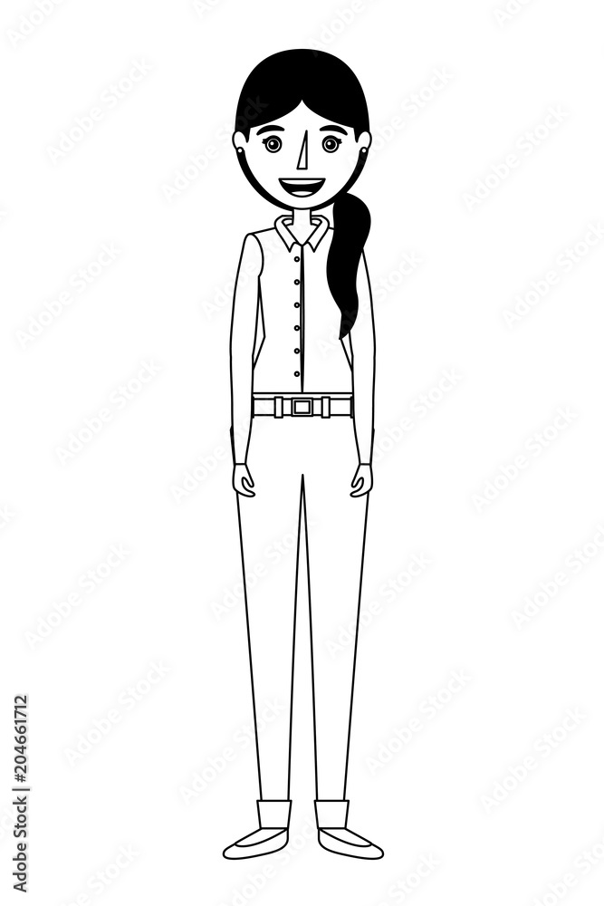 smiling young woman standing character vector illustration thin line