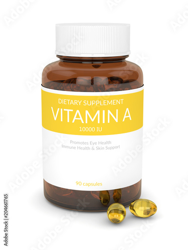 3d rendering of vitamin A  bottle with capsules photo