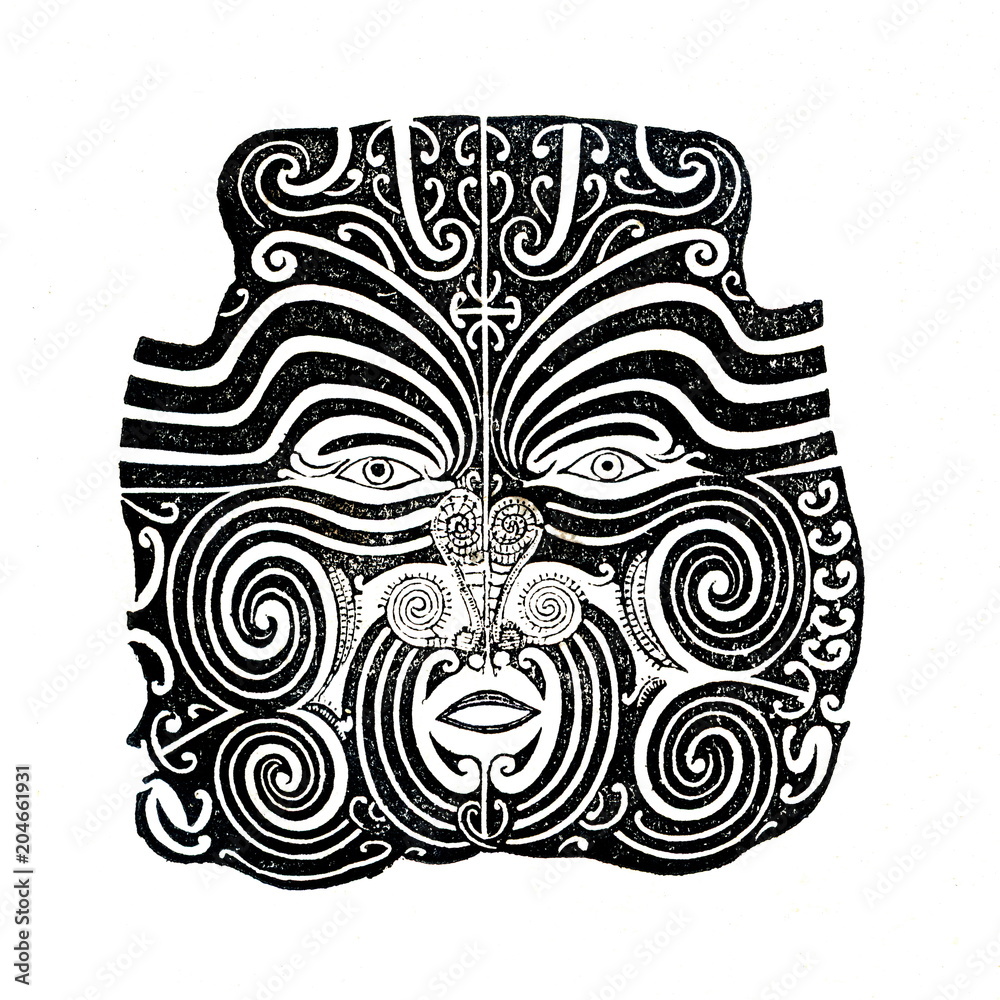 Fototapeta premium Tattooed face of Māori - indigenous man of New Zealand (from Das Heller-Magazin, July 12, 1834)