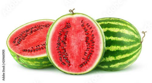 Isolated watermelons. One whole watermelon fruit and one cut in half isolated on white background with clipping path