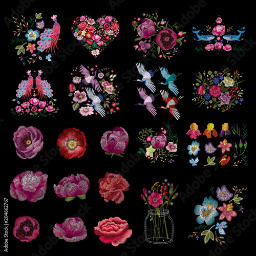 Traditional folk stylish stylish embroidery on the black background. Sketch for printing on clothing, fabric, bag, accessories and design. Vector, trend