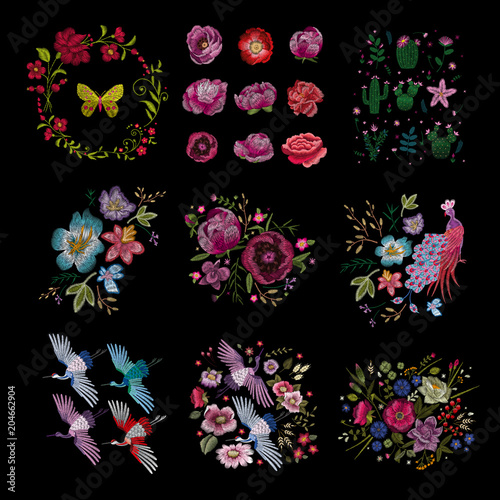 Traditional folk stylish stylish embroidery on the black background. Sketch for printing on clothing, fabric, bag, accessories and design. Vector, trend
