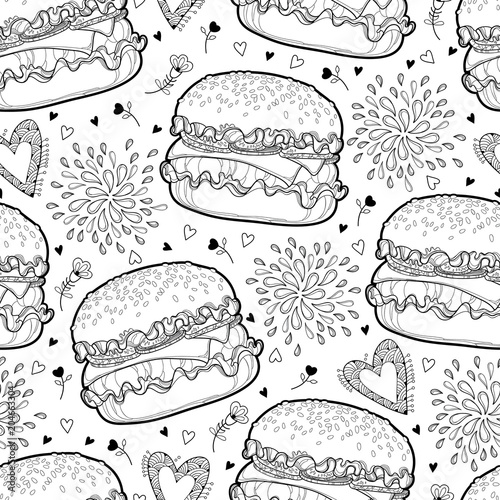 Vector seamless pattern with outline cheeseburger or burger with cheese, hearts and drops in black on the white  background. Funny food pattern in contour style for food menu design or coloring book.