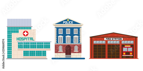 Hospital, fire department, police station, building, flat, vector