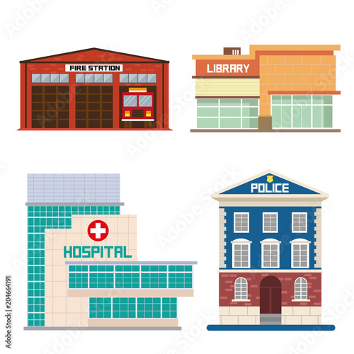 Hospital, fire department, police station, building, flat, vector