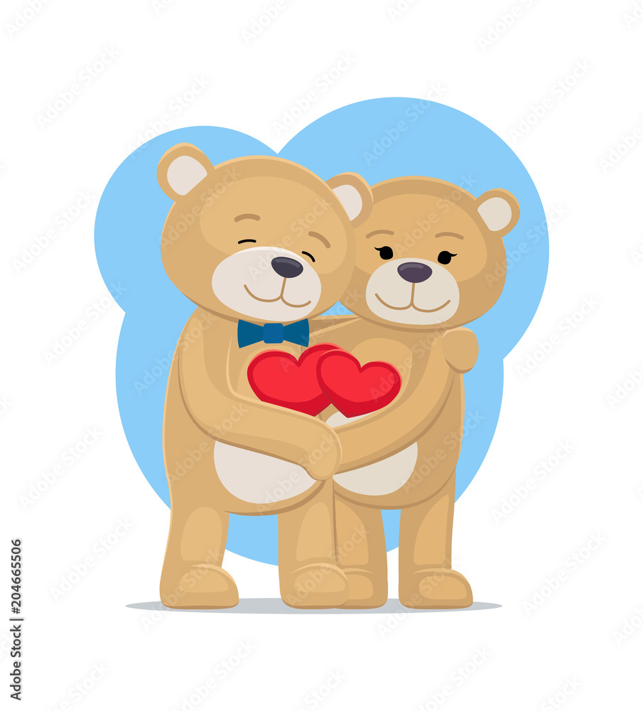 Bears Lovers Hold Hearts in Hands, Male and Female Bears Lovers Hold Hearts in Hands, Male and Female