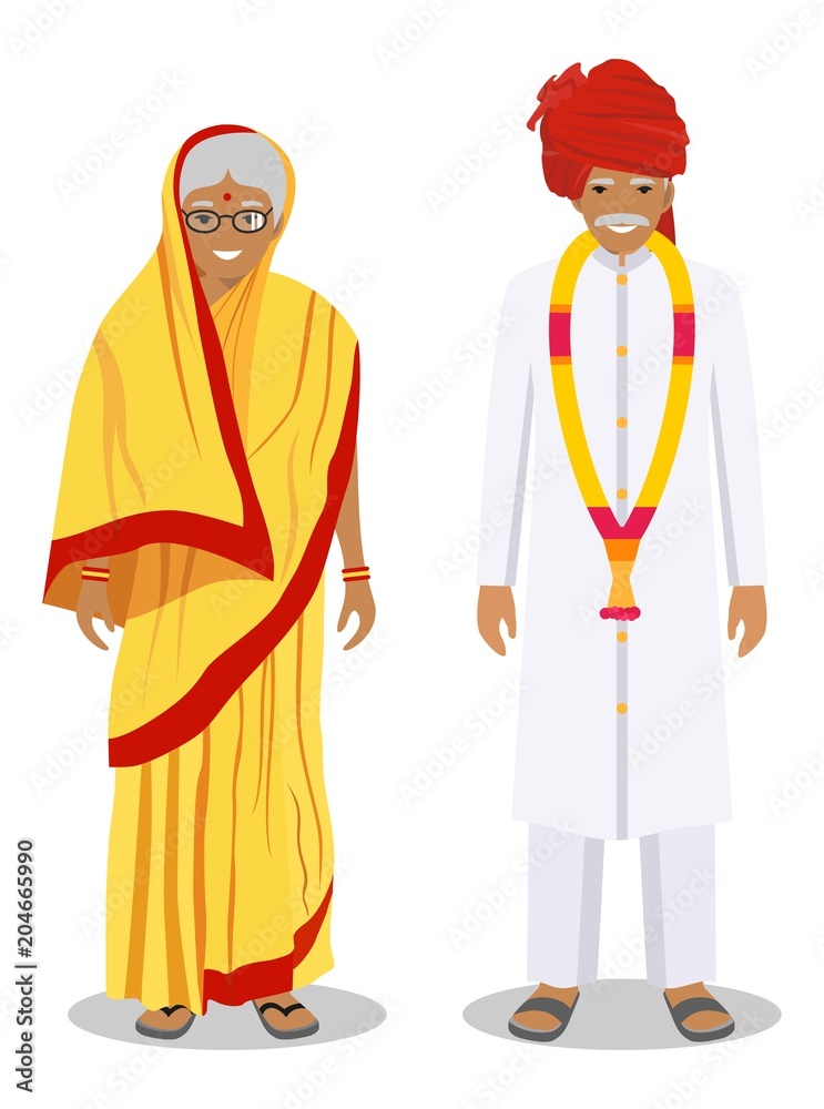 Set of standing together old indian man and woman in the traditional clothing isolated on white background in flat style. Different senior people in the east dress. Vector illustration.