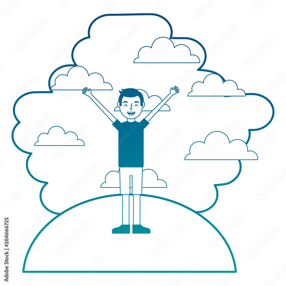 man standing arms up in landscape clouds sky vector illustration neon color man standing arms up in landscape clouds sky vector illustration neon color