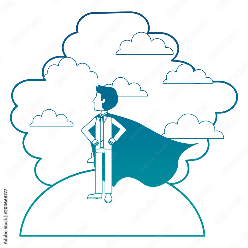 hero man using cape standing in landscape clouds sky vector illustration neon color hero man using cape standing in landscape clouds sky vector illustration neon color
