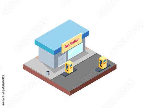Gas station building in isometric projection necessary creative designers for web projects. Isometric gas station building isolated vector illustration.