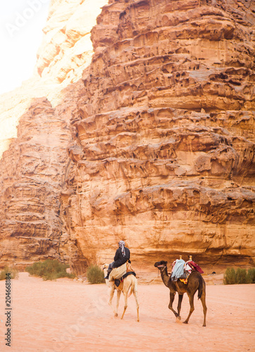 Bedouin with his camels in Wadi Rum desert.