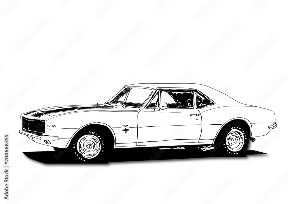 old american sport car illustration black and white colors