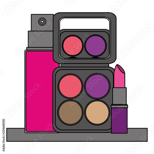 palette eyeshadows with splash and lip in shelf femenine make up vector illustration design