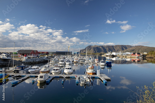 Blue sky and calm weather in Salhus marina in Northern Norway	