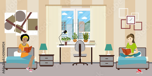 Cartoon teen female students in dormitory room. Girl characters together,