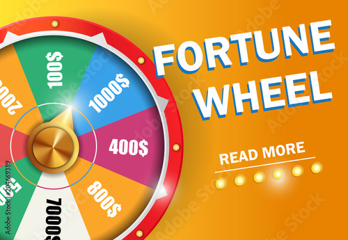 Fortune wheel read more inscription on yellow background. Casino business advertising design. For posters, banners, leaflets and brochures.
