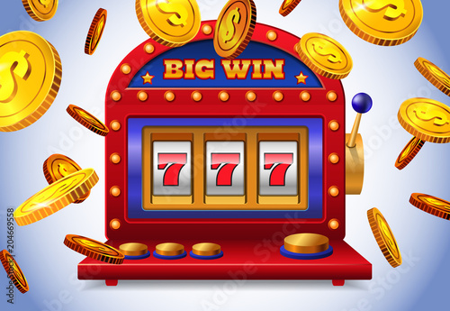 Lucky seven slot machine with big win lettering and flying golden coins. Casino business advertising design. For posters, banners, leaflets and brochures.