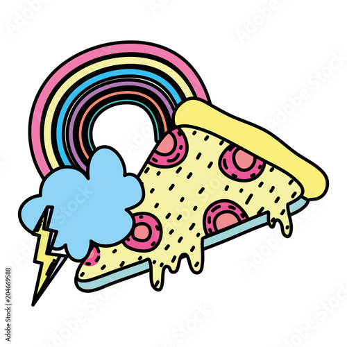 color slice pizza with rainbow and thunder cloud