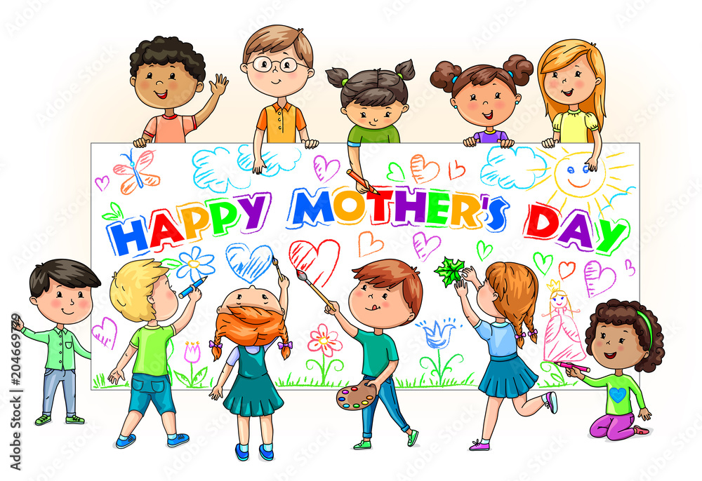 Cute cartoon kids different nationalities hold and paint banner happy mothers  day Stock Vector | Adobe Stock