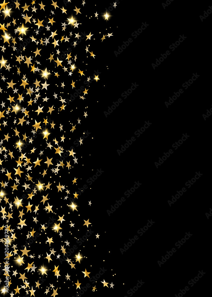 Gold stars falling confetti isolated on black background. Golden abstract random pattern Christmas card, New Year holiday. Shiny confetti paper stars. Glitter explosion. Vector illustration