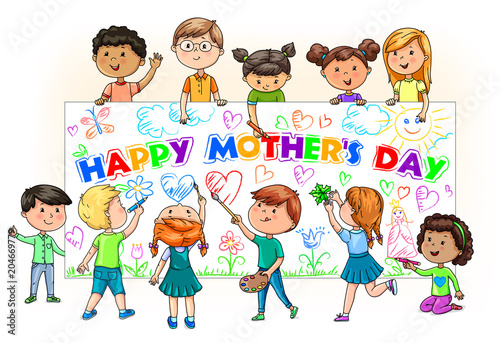 Cute cartoon kids different nationalities hold and paint banner happy mothers day