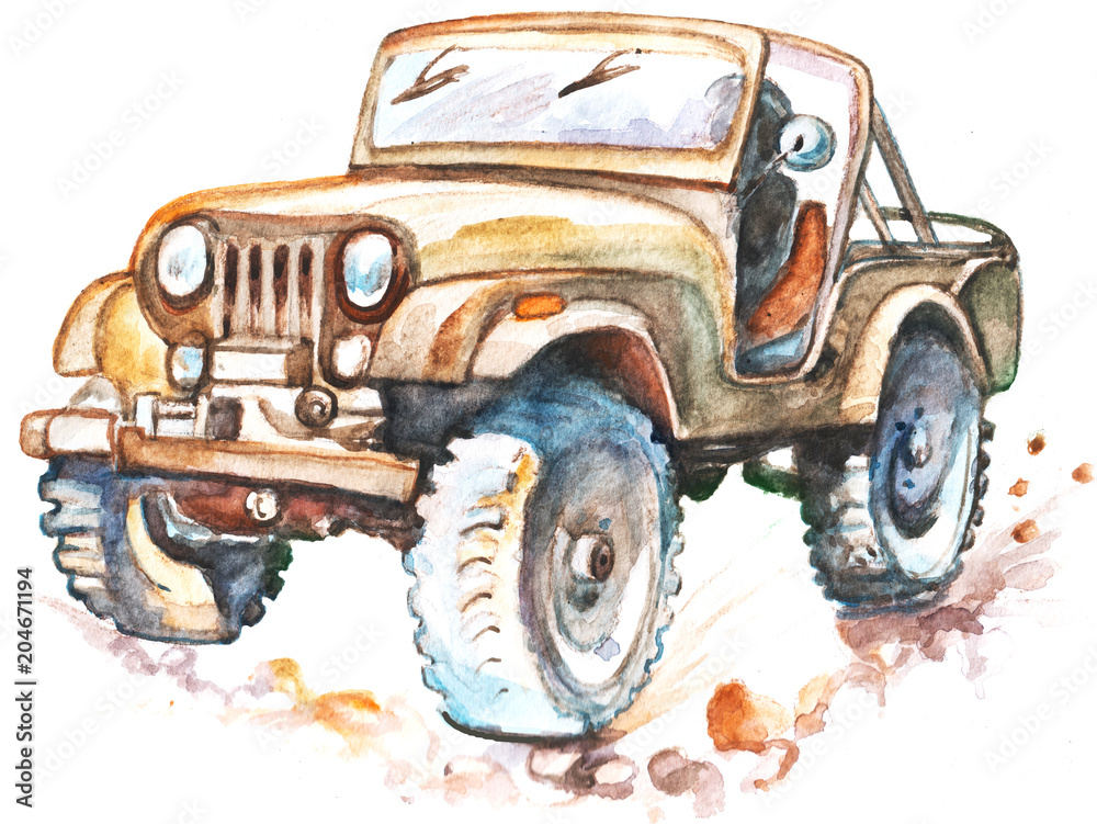 4x4 car watercolor illustration