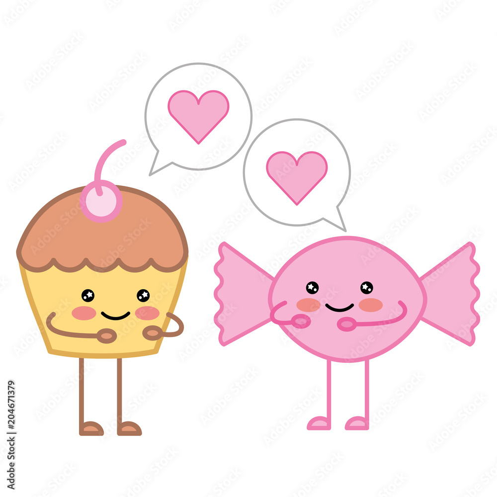 kawaii cupcake and candy smiling love cartoon vector illustration