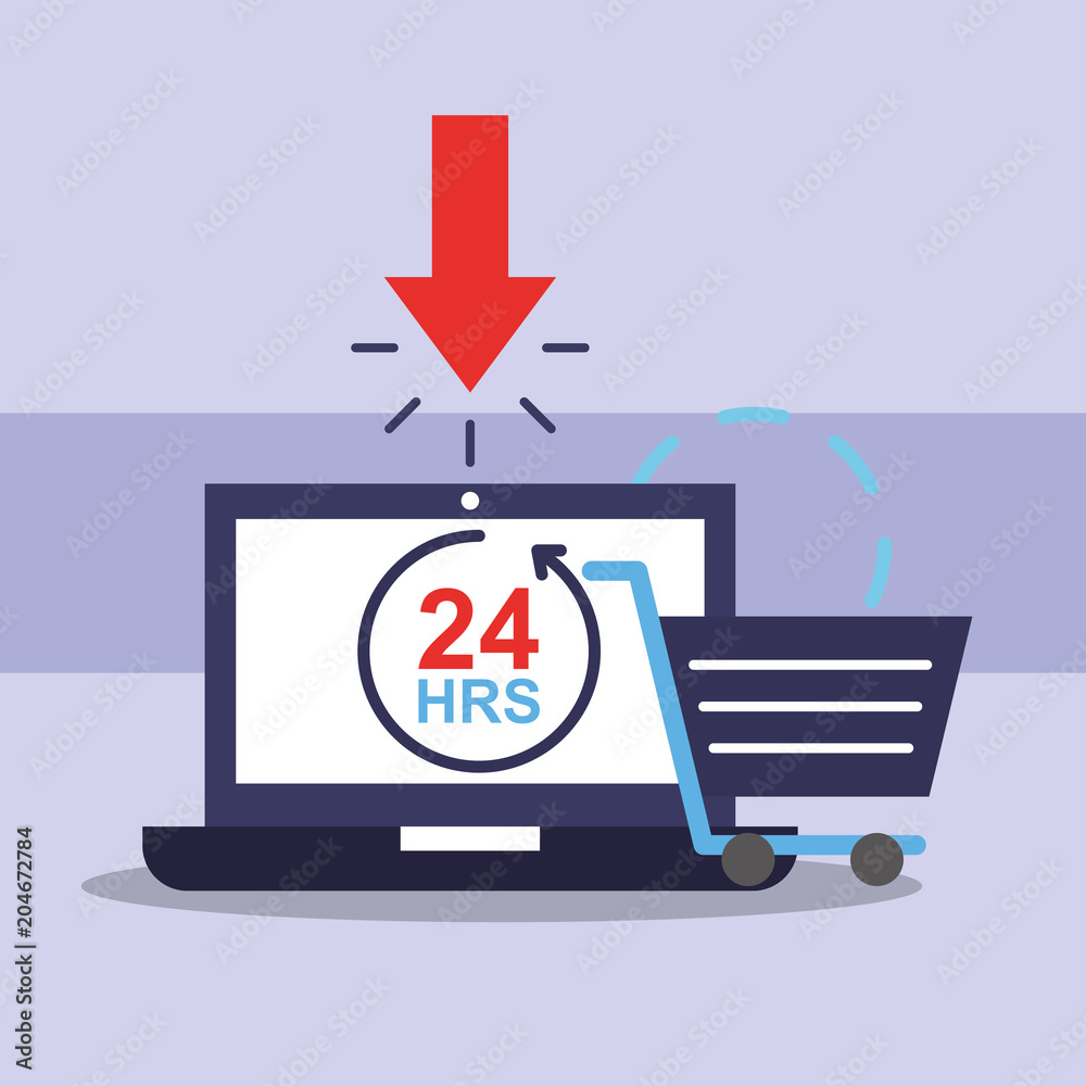 online shopping cart laptop clicking 24 hrs vector illustration online shopping cart laptop clicking 24 hrs vector illustration