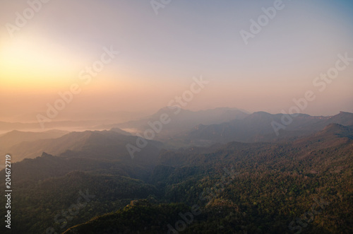 view on peak mountain natural beautiful landscape with sky on the vacation day on the morning with sunrise golden time.
