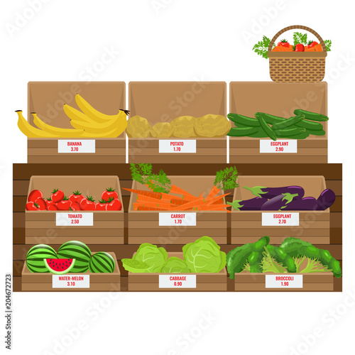 Shelves with fresh vegetable assortment. Wooden Grocery boxes. Illustrated vector. Flat color design.