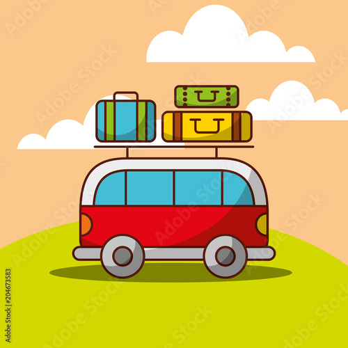 van car travel baggage on roof vector illustration