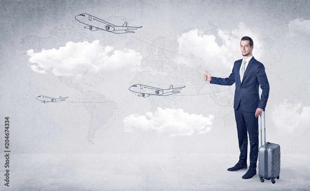 Businessman hitchhiking with flying airplanes cloud and map concept
Businessman hitchhiking with flying airplanes cloud and map concept
