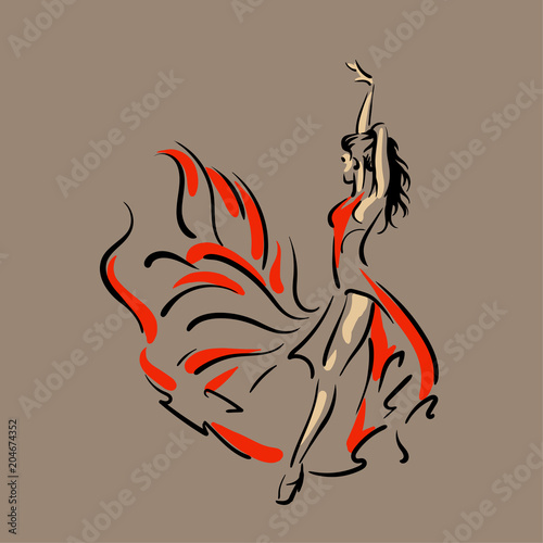 Dancing woman in red dress. Flamenco. Vector.