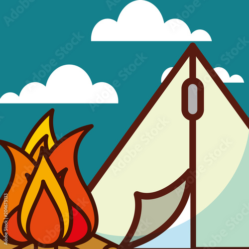time to travel camp tent bonfire natural vector illustration