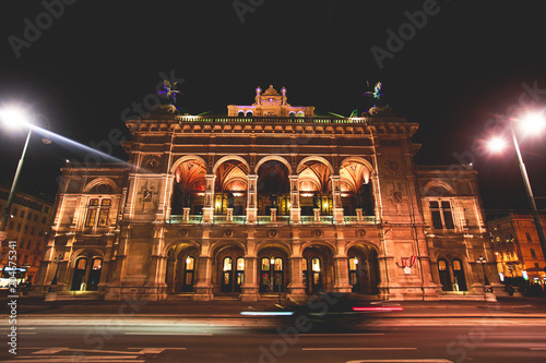 Night view of Vienna State Opera building facade exterior, Austria