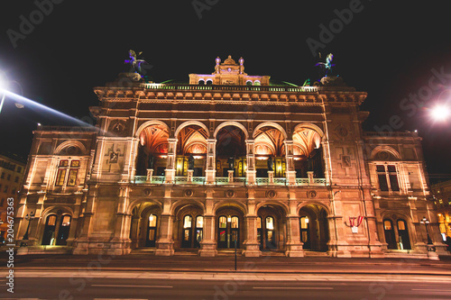 Night view of Vienna State Opera building facade exterior, Austria