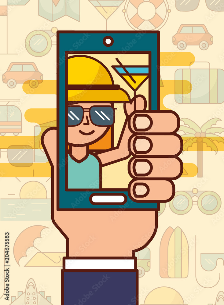 hand holding smartphone photo girl with cocktail vacations vector illustration