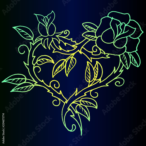 Creative sketch of a tattoo - neon heart with a rose on a blue gradient backg...