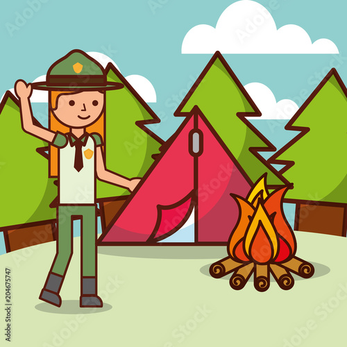 time to travel girl explorer in camp forest tent camfire vector illustration