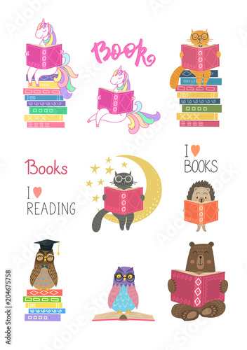 Set of animals reading books on white background. Education, reading, studying, learning vector illustration.