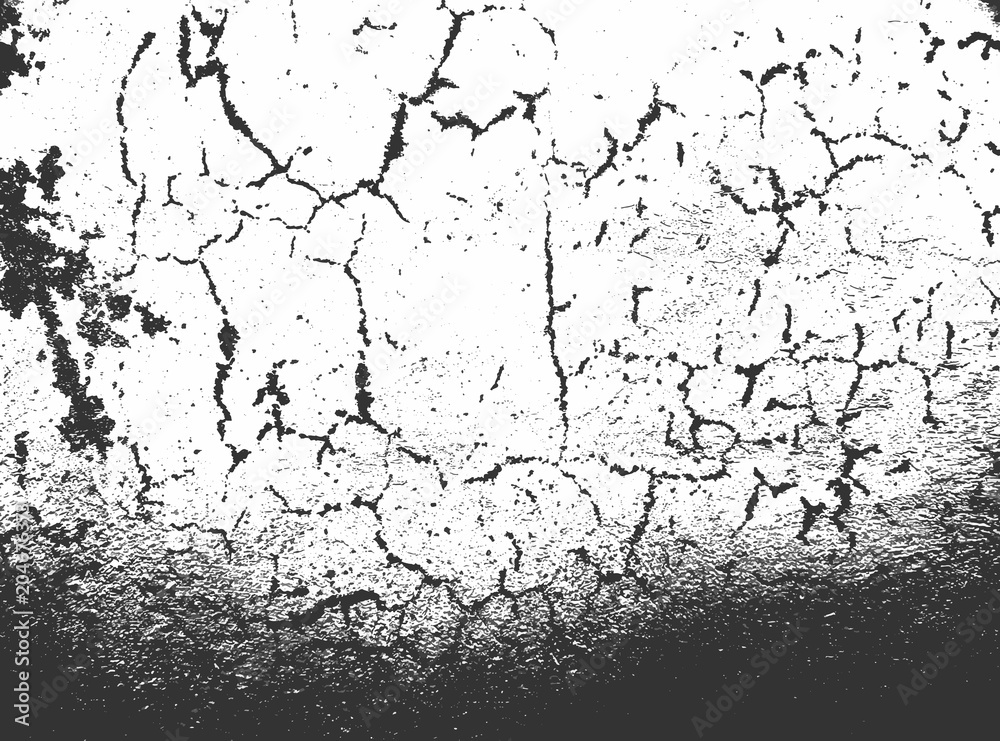 Abstract grunge overlay black and white distressed texture vector image cracked damaged concrete wall surface.