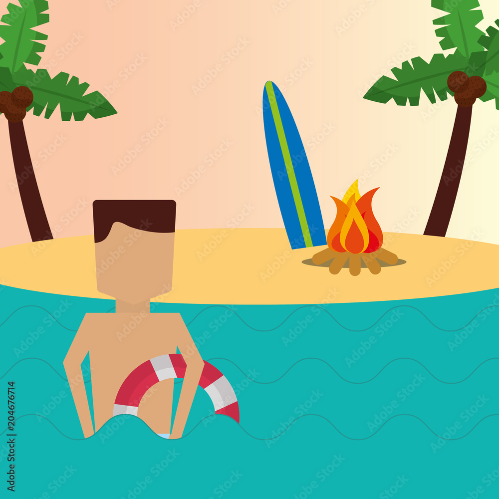 summer time man avatar in sea beach sand palm bonfire and surfboard vector illustration